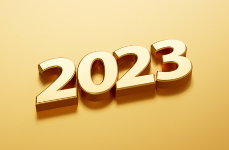 Happy New Year 2023. Golden 3D numbers on gold background 3d illustrationの写真素材