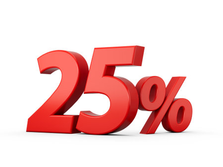 3d Red 25% Twenty Five Percent Sign on White Background 3d illustrationの写真素材