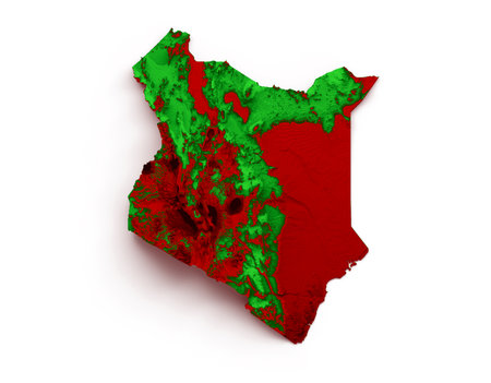 Kenya map with the flag Colors Green and Red Shaded relief map 3d illustrationの写真素材