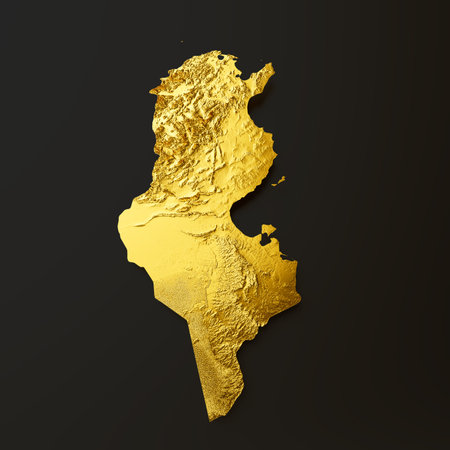 Tunisia Map Golden metal Color Height map Background 3d illustrationの写真素材