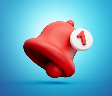 3d red danger attention bell or emergency notifications alert on blue background 3d illustrationの写真素材