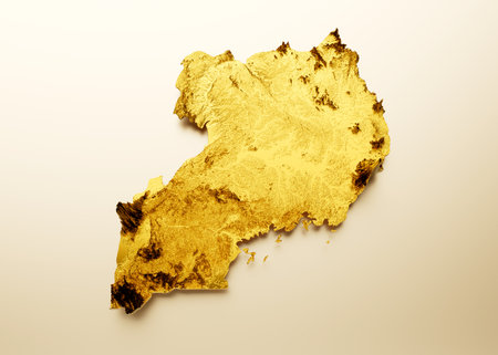 Uganda Map Golden metal Color Height map Background 3d illustrationの写真素材