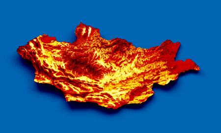 Mongolia map with the flag Colors Yellow Blue and Red Shaded relief map 3d illustrationの写真素材