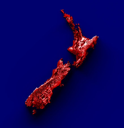 New Zealand map with the flag Colors Blue and Red Shaded relief map 3d illustrationの写真素材