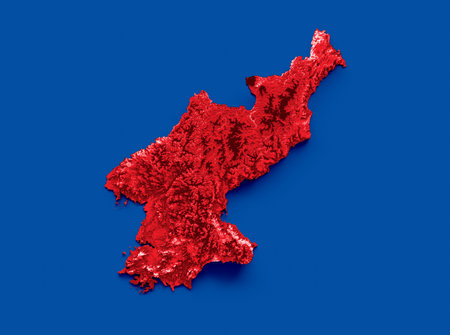 North Korea map with the flag Colors Blue and Red Shaded relief map 3d illustration