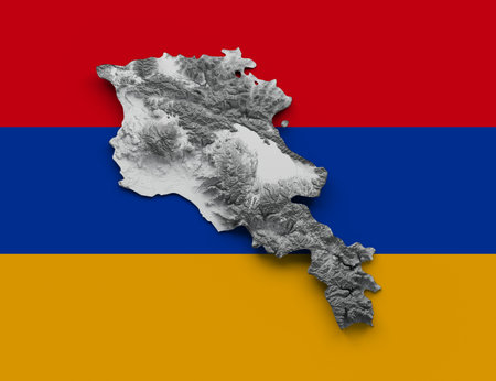 Armenia map with the flag Colors Red Blue and yellow Shaded relief map 3d illustrationの写真素材