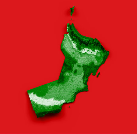 Oman map with the flag Colors Blue and Red Shaded relief map 3d illustrationの写真素材