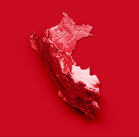 Peru map with the flag Colors Blue and Red Shaded relief map 3d illustrationの写真素材