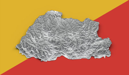 Bhutan Map Bhutan Flag Shaded relief Color Height map on Orange yellow Background 3d illustrationの写真素材
