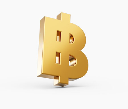 Golden Thai baht sign isolated on white background 3d illustrationの写真素材