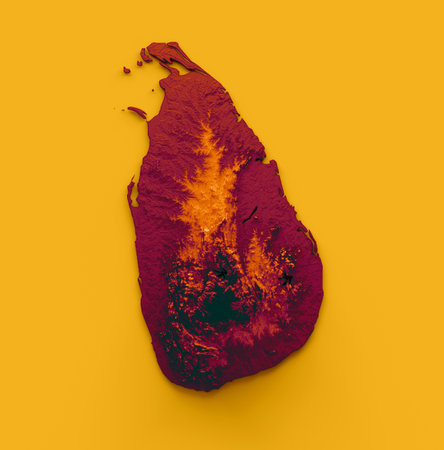 Sri Lanka map with the flag Colors Yellow, Green, Orange, Maroon Shaded relief map 3d illustrationの写真素材