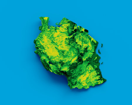 Tanzania map with the flag Colors Blue and Red Shaded relief map 3d illustrationの写真素材