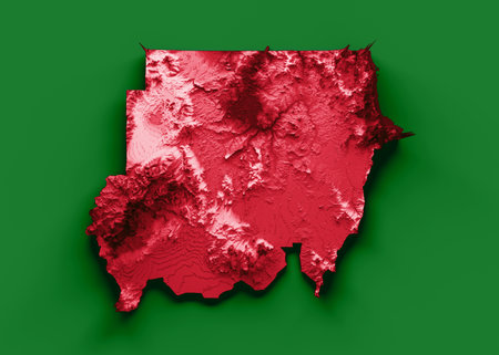 Sudan map with the flag Colors Blue and Red Shaded relief map 3d illustrationの写真素材
