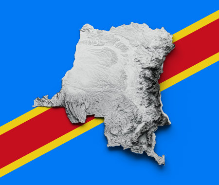 Congo Map on Congo Flag Shaded relief Color Height map 3d illustrationの写真素材