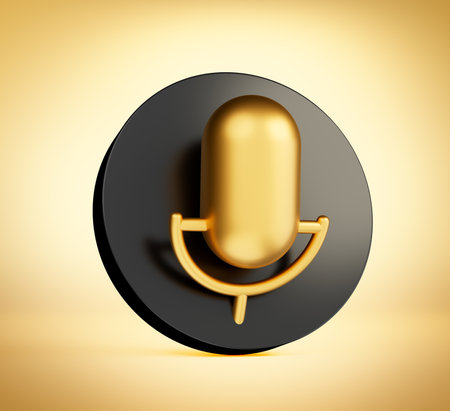 3d Mic icon illustration, microphone gold on black circle 3d illustrationの写真素材