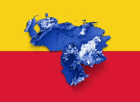 Venezuela map with the flag Colors Blue and Red Shaded relief map 3d illustrationの写真素材