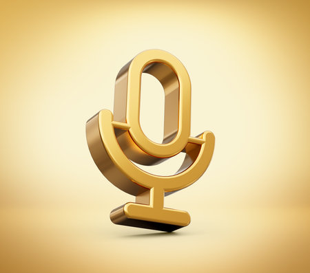 Golden microphone mic on stand for studio recording & broadcasting Golden Background 3d illustrationの写真素材
