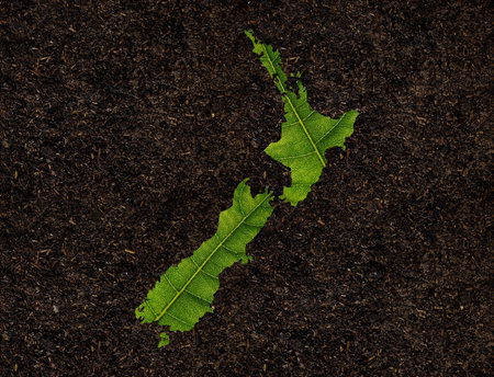 New Zealand map made of green leaves on soil background ecology conceptの写真素材