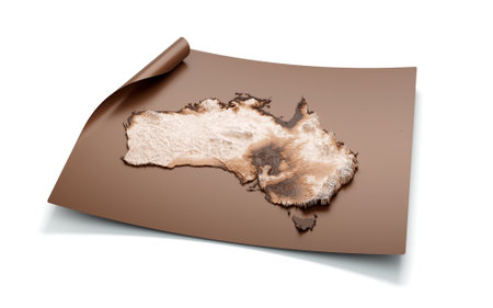 Map Of Australia Old Style Brown On Unrolled Map Paper Sheet, 3D illustrationの写真素材
