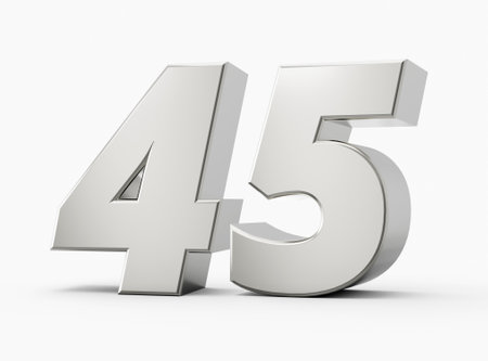 Silver 3d numbers 45 Forty Five. Isolated white background 3d illustrationの写真素材