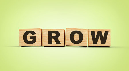 Grow symbol. Concept words Grow with us on wooden blocks 3d illustrationの写真素材