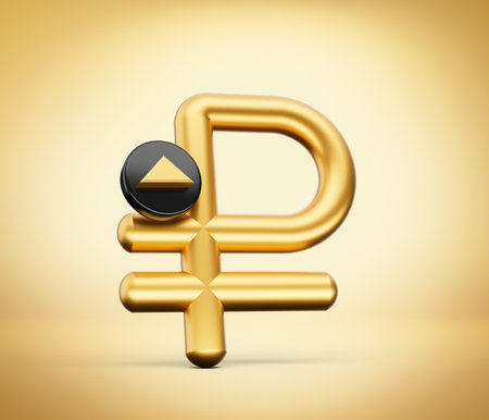 3d Gold Shiny Russian Ruble Symbol With 3d Increase Icon On Golden Background, 3d illustrationの写真素材