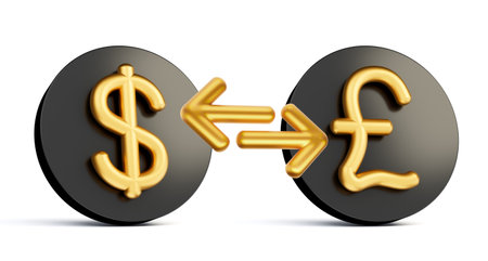 Gold Coin with Dollar to Pound Currency exchange sign icon isolated on white. 3D illustrationの写真素材