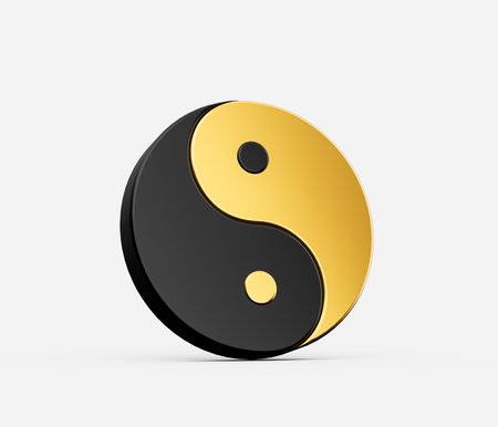 3d Black And Golden Yin And Yang Symbol of Harmony And Balance On White Background, 3d illustrationの写真素材