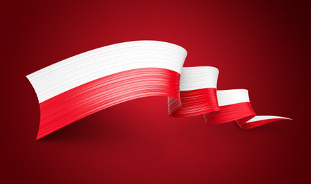 3d Flag Of Poland Country, 3d Wavy Shiny Poland Ribbon Isolated On Red Background, 3d illustrationの写真素材