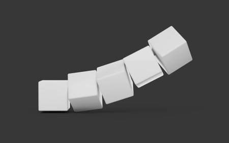 Five Empty White Cubes Flying On Dark Background, 3d illustrationの写真素材