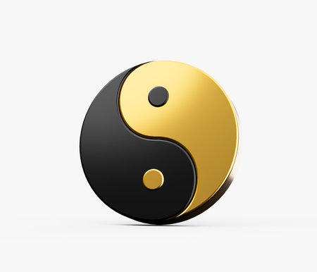 3d Black And Golden Yin And Yang Symbol of Harmony And Balance On White Background, 3d illustrationの写真素材