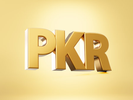 3d Golden Shiny Pakistani Rupee PKR Currency Icon Isolated On Golden Background, 3d illustrationの写真素材