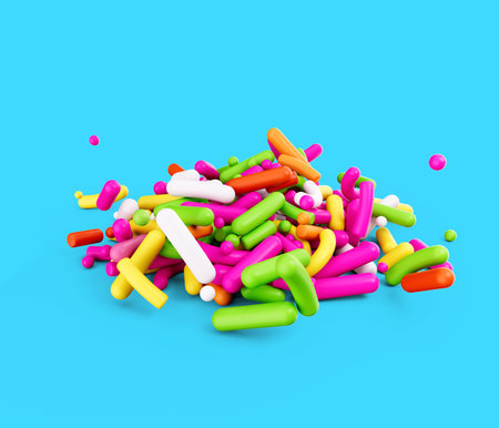 3d Colorful Sugar Sprinkles, Decoration For Cake And Bakery On Blue Background, 3d illustrationの写真素材