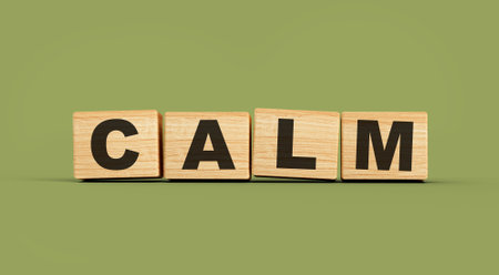 Calm Text On Wooden Blocks Isolated On Green Background, 3d illustrationの写真素材
