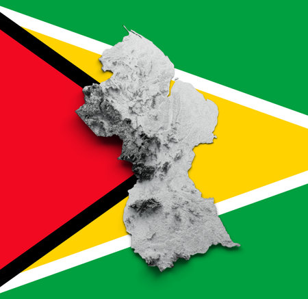 Guyana Map white Shaded relief Color Height map on Flag Background 3d illustrationの写真素材