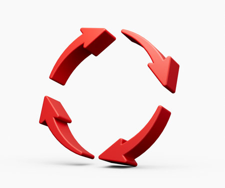 3d Red Recycle Icon Symbol 3d Four Red Rotation Arrows Isolated On White Background 3d illustrationの写真素材
