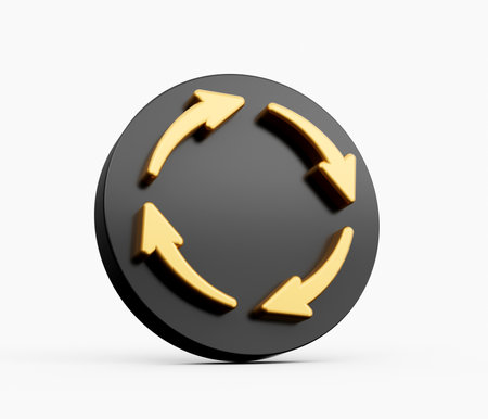3d Four Golden Arrows Recycle Symbol With Rounded Black Icon On White Background 3d illustrationの写真素材