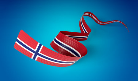 3d Flag Of Norway Country, 3d Waving Ribbon Flag Isolated On Blue Background, 3d illustrationの写真素材