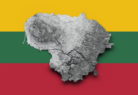 Lithuania Map white Shaded relief Color Height map on Flag Background 3d illustrationの写真素材