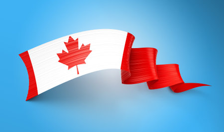 3d Flag Of Canada 3d Shiny Waving Flag Ribbon Isolated On Blue Background, 3d illustrationの写真素材