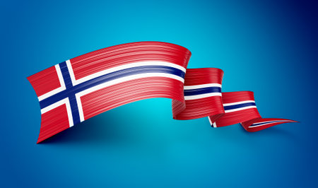 3d Flag Of Norway, 3d Shiny Waving Flag Ribbon Isolated On Blue Background, 3d illustrationの写真素材