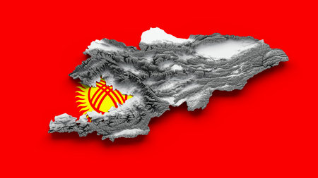 Kyrgyzstan Map Flag Shaded relief Color Height map on Flag Background 3d illustrationの写真素材