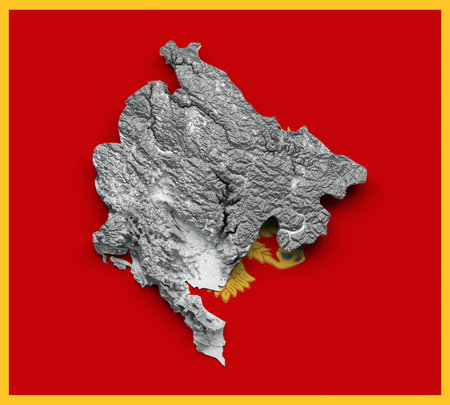 3d Montenegro Map Black And White Shaded Relief Map On Montenegro Flag Background 3d illustrationの写真素材