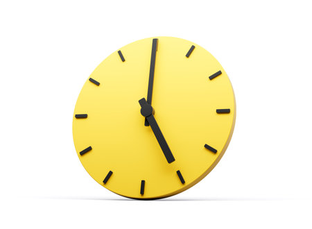 3d Simple Yellow Round Wall Clock 5 O'Clock Five O'clock On White Background 3d illustration