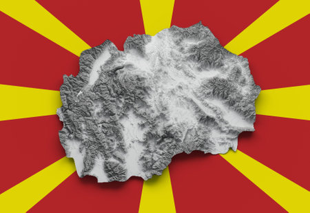 3d North Macedonia Map Black And White Shaded Map On North Macedonia Flag Background 3d illustrationの写真素材