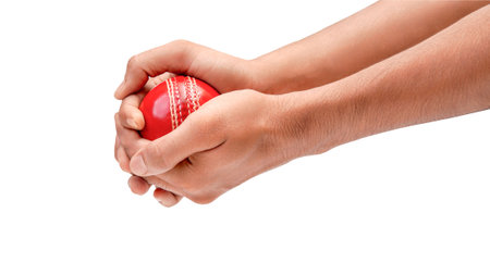 A Man Hands Taking The Catch Of A Red Leather Test Cricket Ball Closeup Picture White Backgroundの写真素材