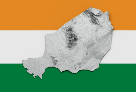 3d Niger Map Black And White Shaded Relief Hypsometric Map On Niger Flag Background 3d illustrationの写真素材