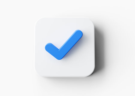 3d Blue Check Mark Symbol With Rounded White Square Icon On White Background 3d illustrationの写真素材