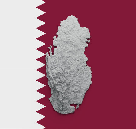 3d Qatar Map Black And White Shaded Relief Hypsometric Map On Qatar Flag Background 3d illustrationの写真素材