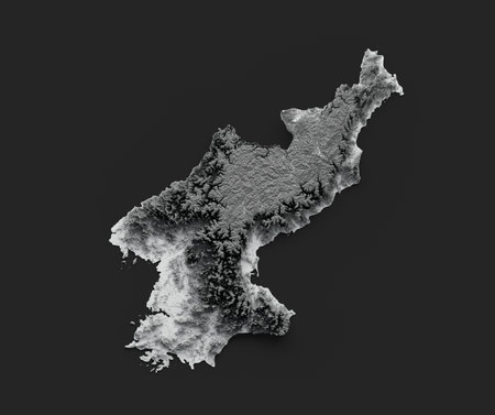 3d North Korea Map Black And White Shaded Relief Hypsometric Map On Black Background 3d illustrationの写真素材